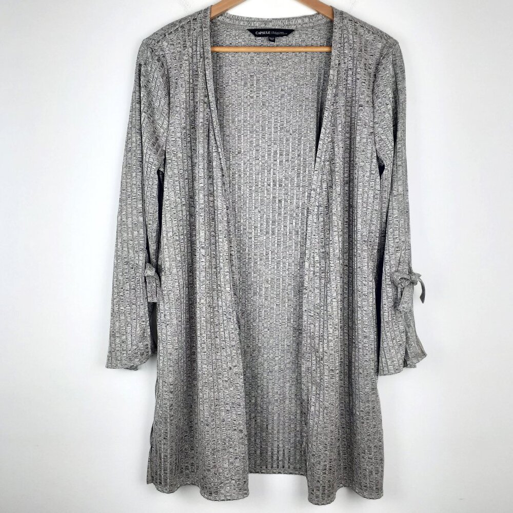 Metallic Bow Long Open Front Cardigan, Size 14. Silver Gray Transitional Capsule